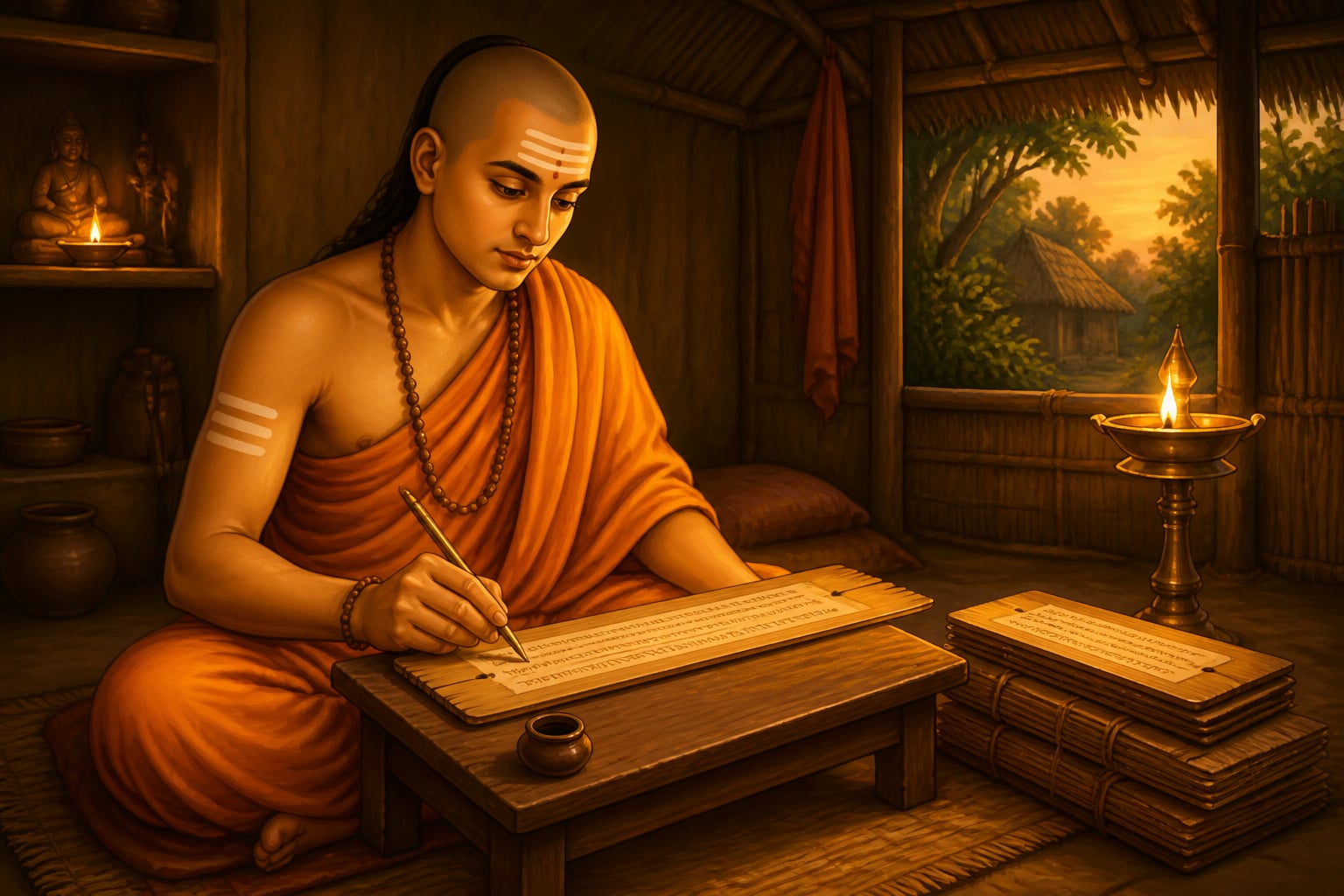 Shankaracharya composing the Brahma Sutra commentary