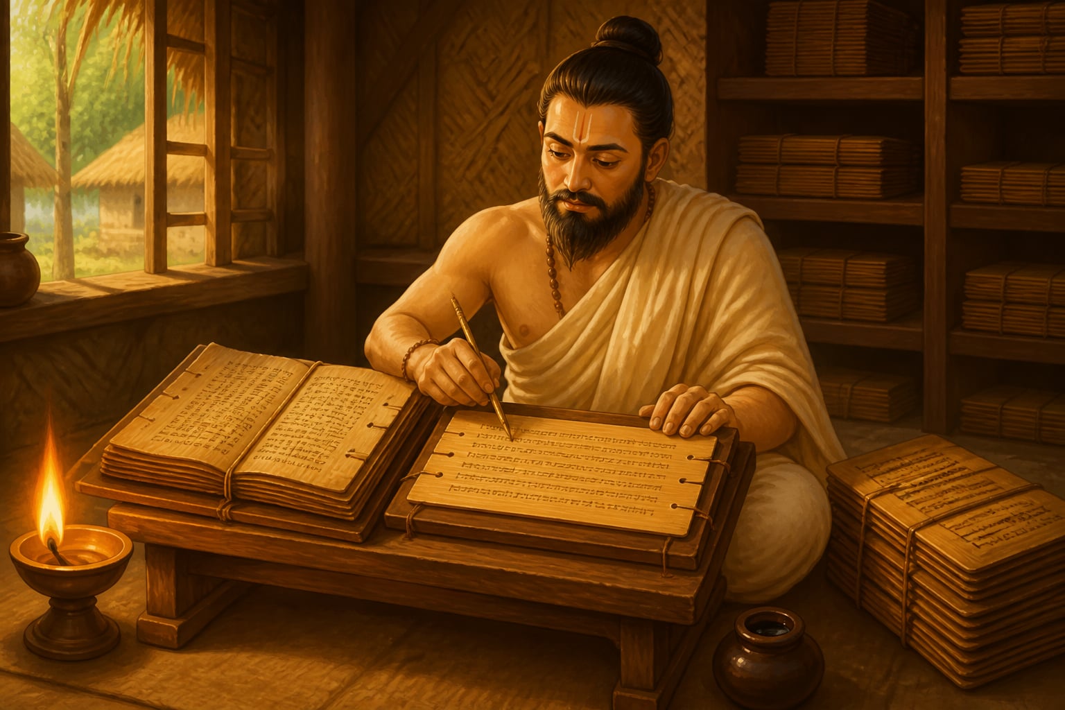 Medieval scholar inscribing margin commentary on manuscript