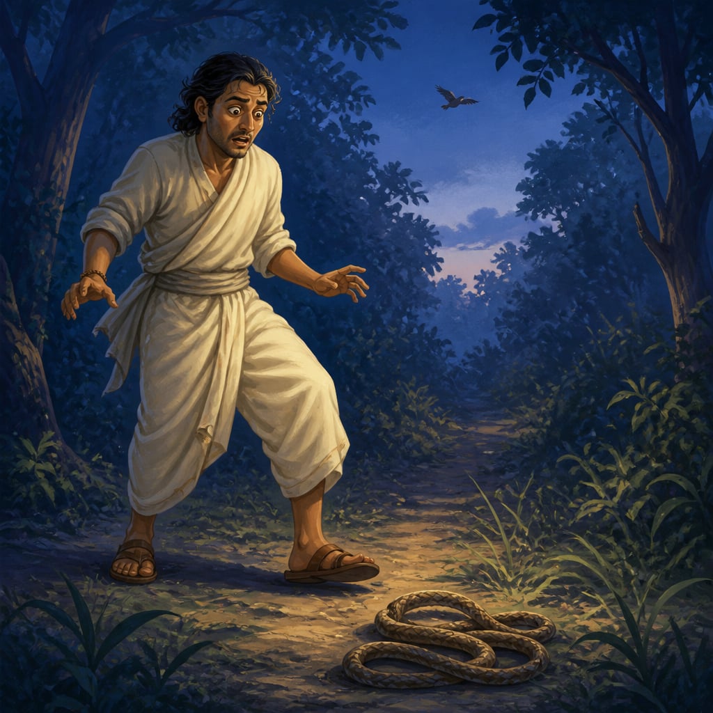 Traveler mistaking a rope for a snake at dusk
