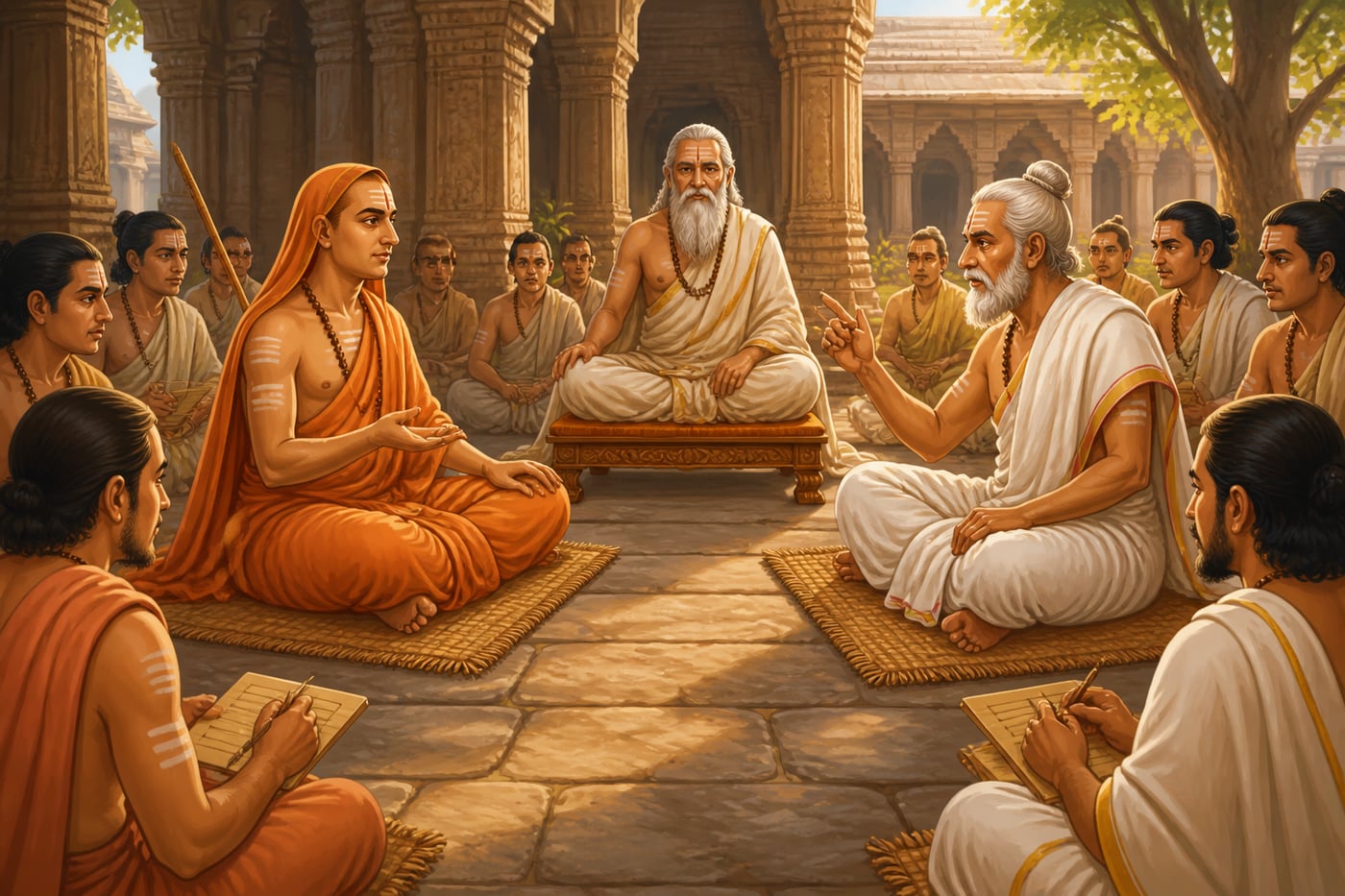 Vada debate in a stone-pillared temple courtyard