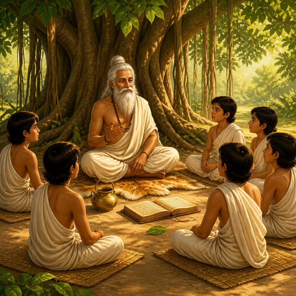 Old Rishi teaching students beneath a banyan tree