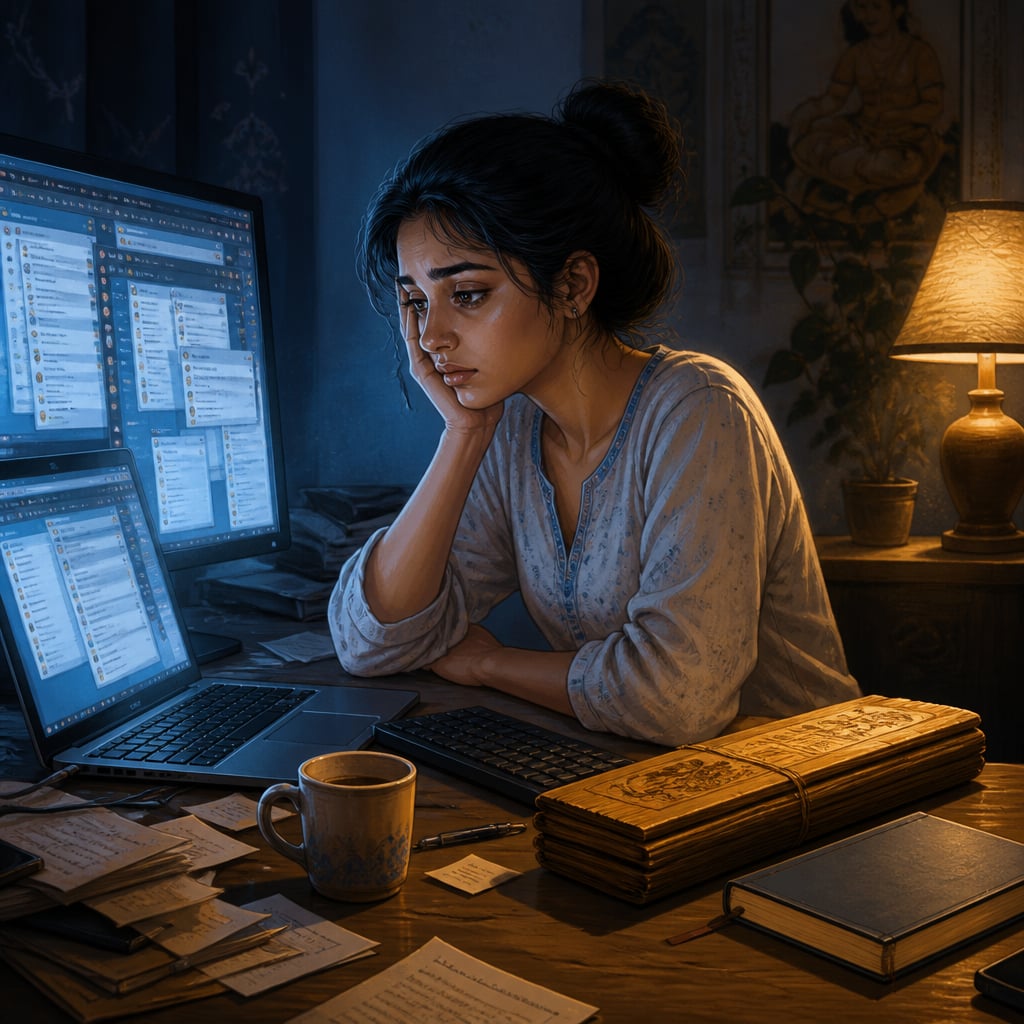 Person overwhelmed by information at a desk