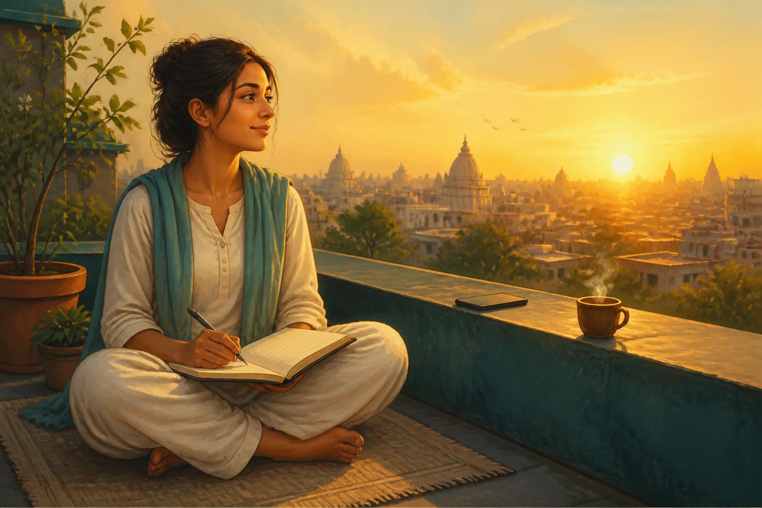 Young professional finding clarity on a rooftop at sunrise
