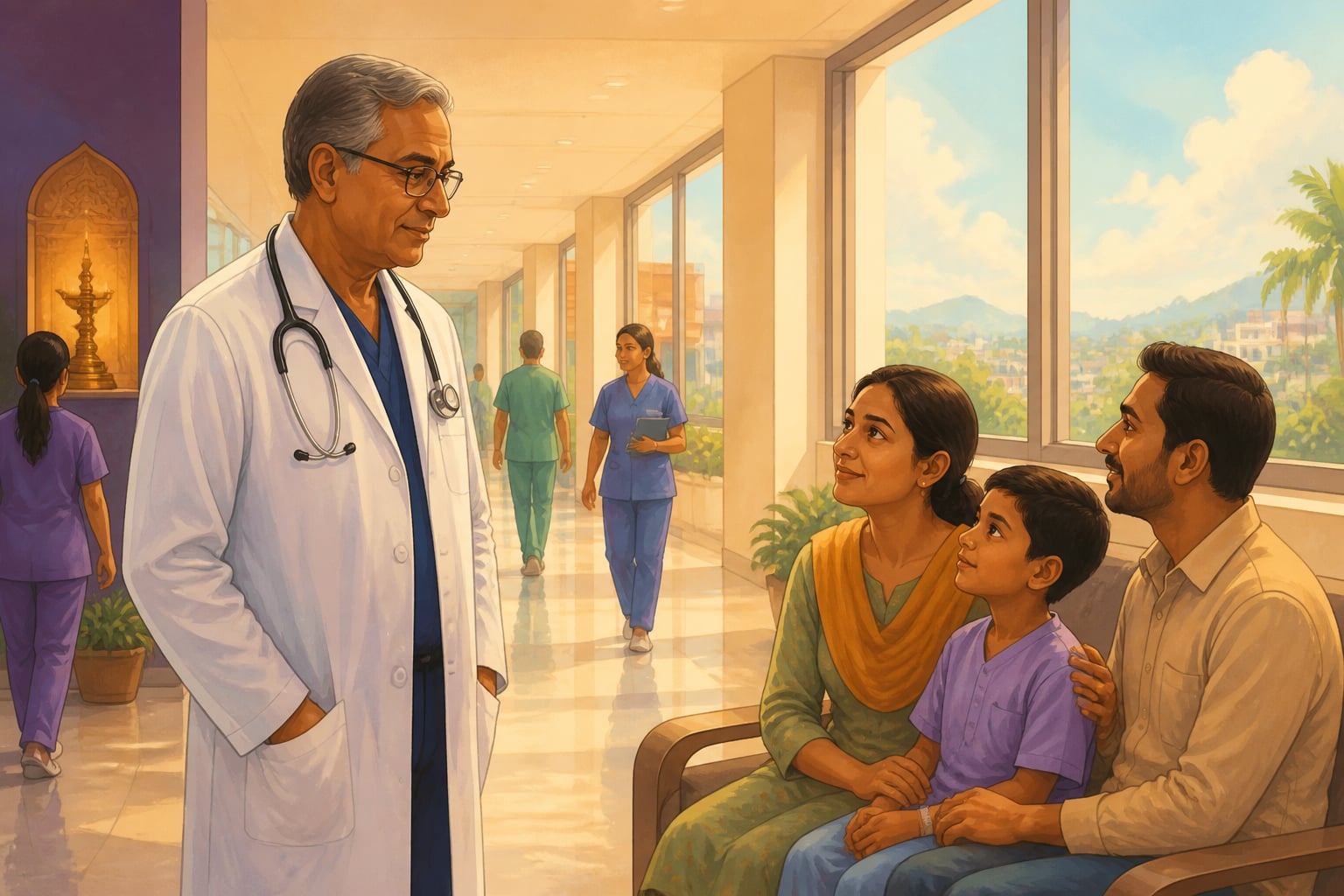 Dr. Devi Shetty pausing in his hospital corridor