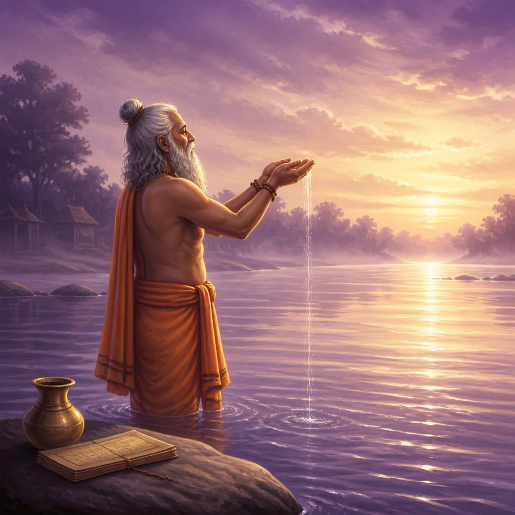 Rishi offering pre-dawn arghya at the Saraswati river