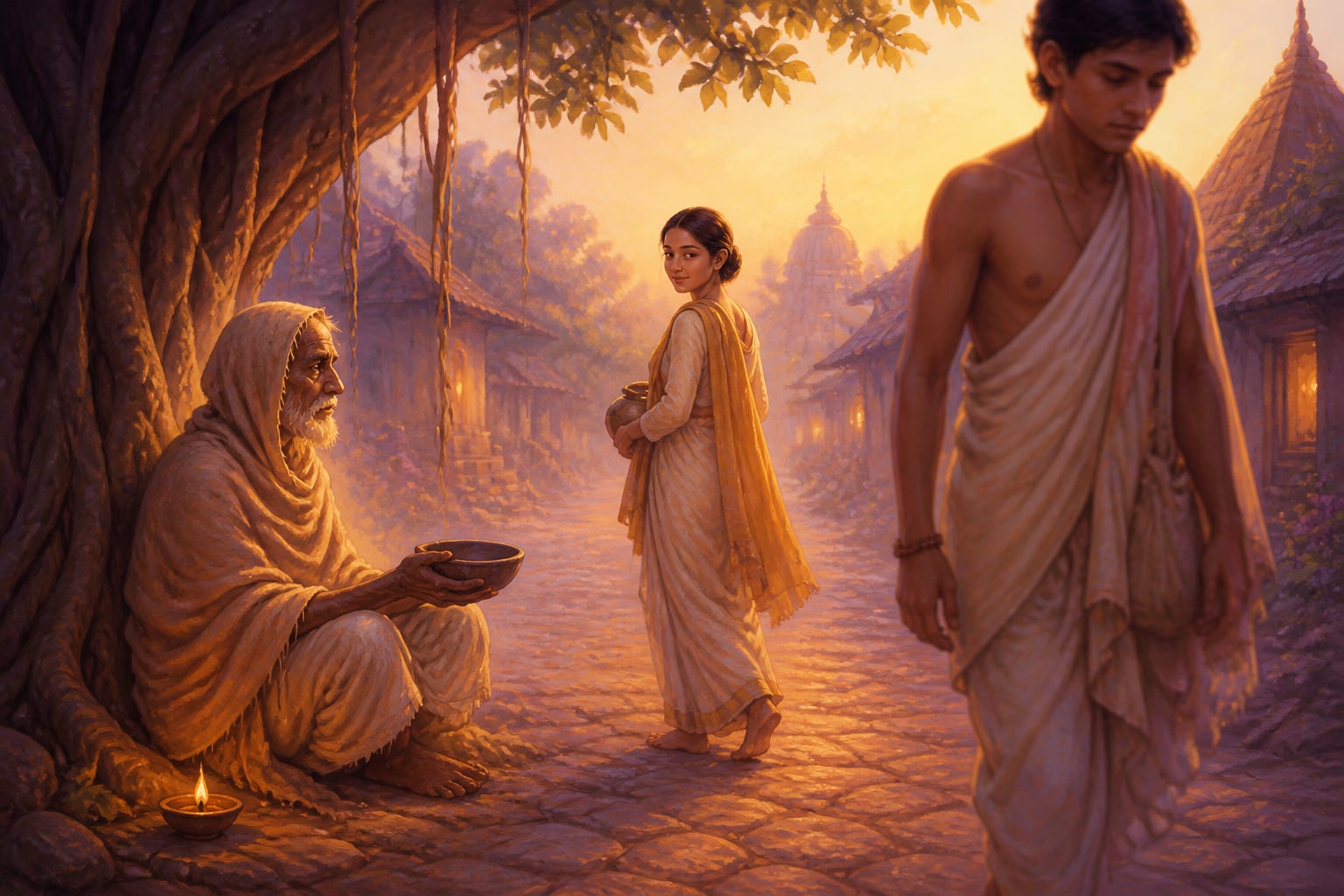 Two passersby look at a beggar, only one truly seeing
