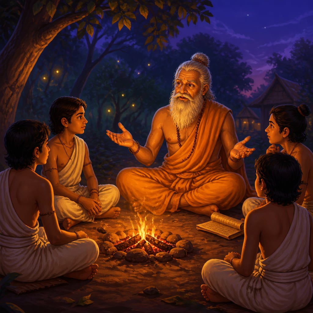 Elder rishi posing a question to young students by a low evening fire