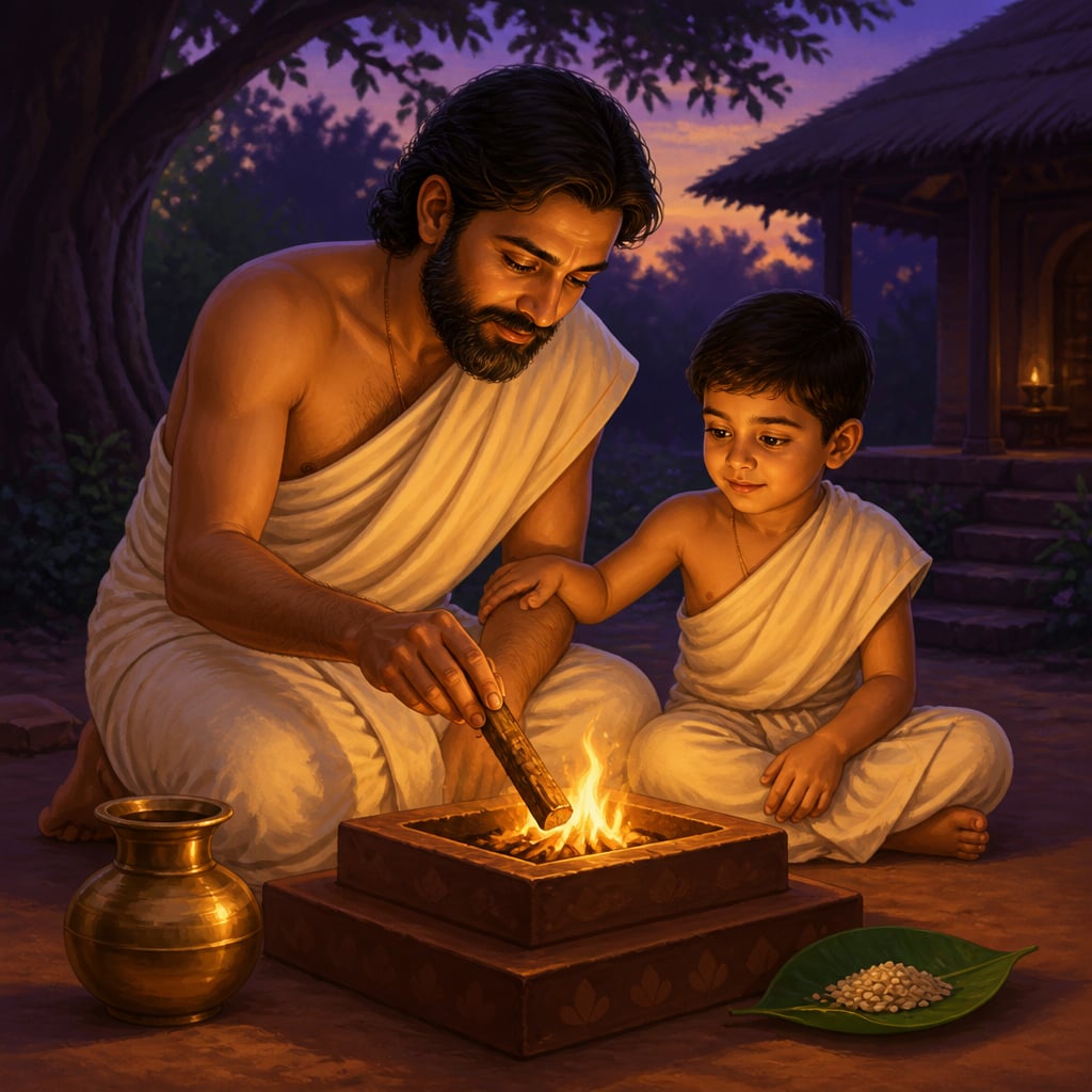 Father and young son beside a small evening fire altar in an ashram courtyard