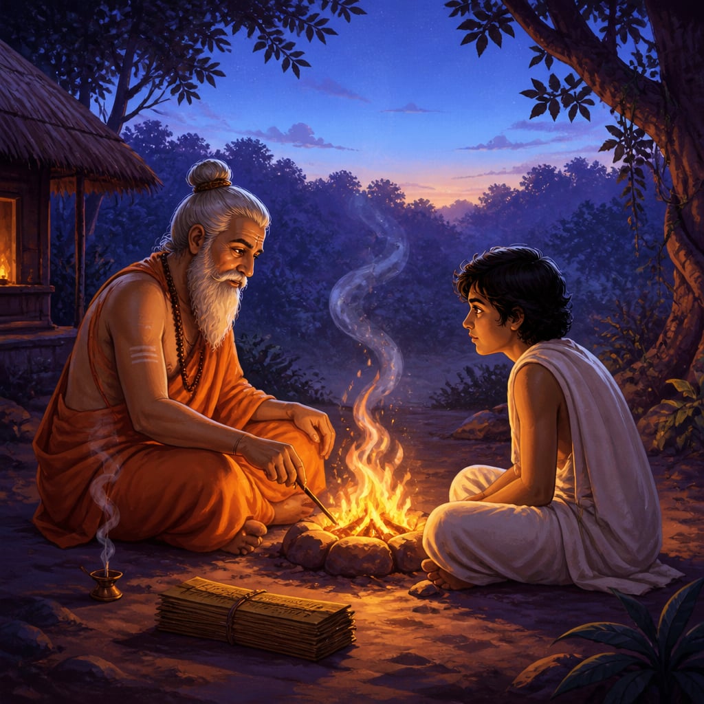 Guru and student facing each other across a small pre-dawn fire outside the ashram