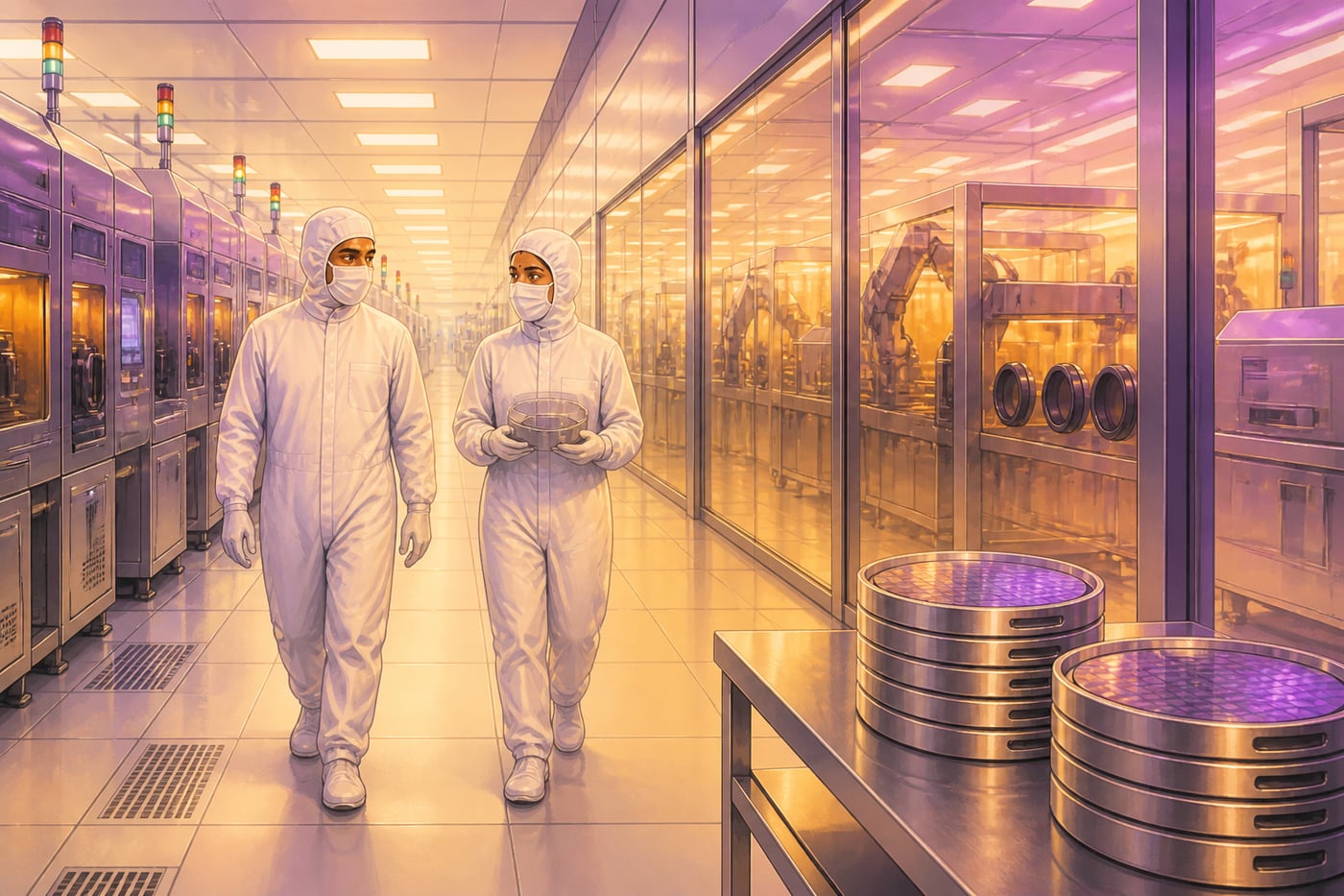 Engineers in Micron's Sanand semiconductor cleanroom