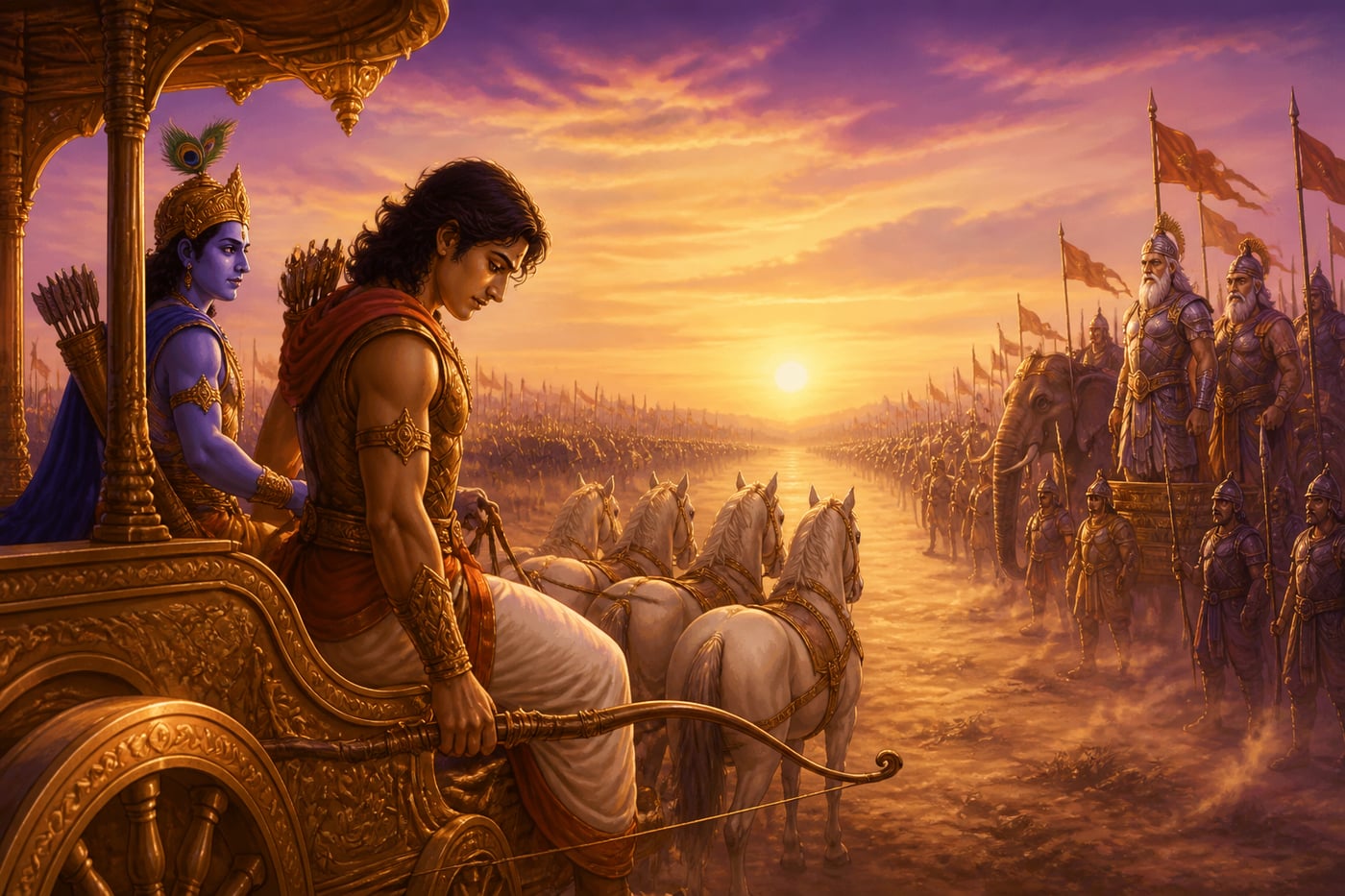 Arjuna paralyzed in his chariot before Kurukshetra begins