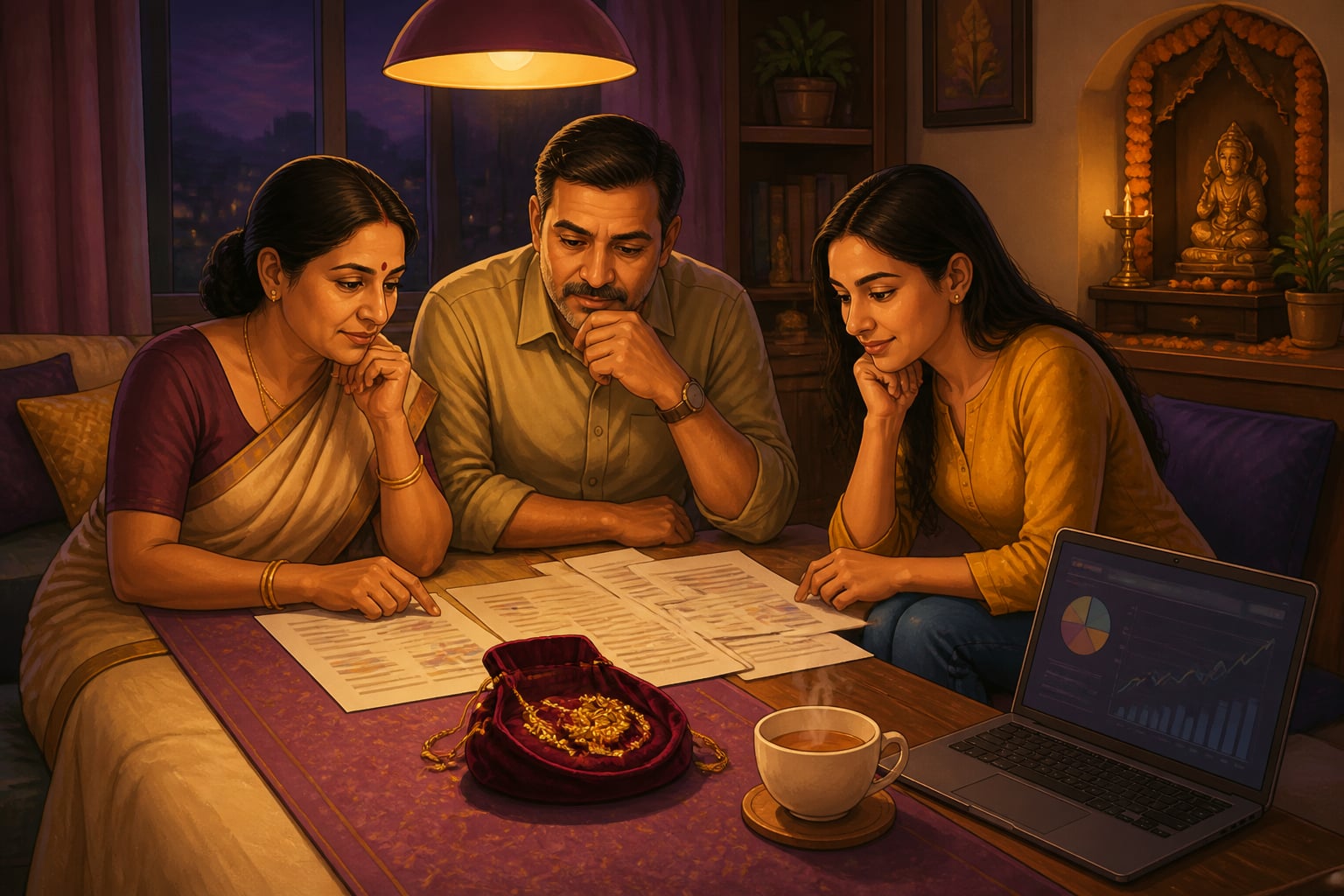 A modern Indian family deliberating gold versus investments