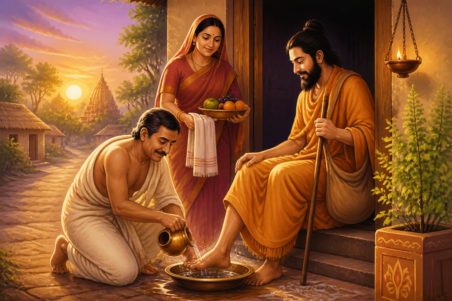 An ancient householder washing the feet of a traveling guest