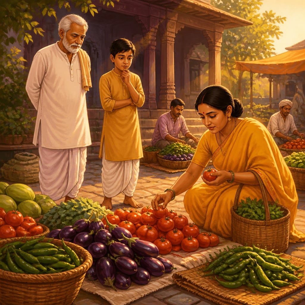 Morning vegetable market with a customer carefully choosing tomatoes