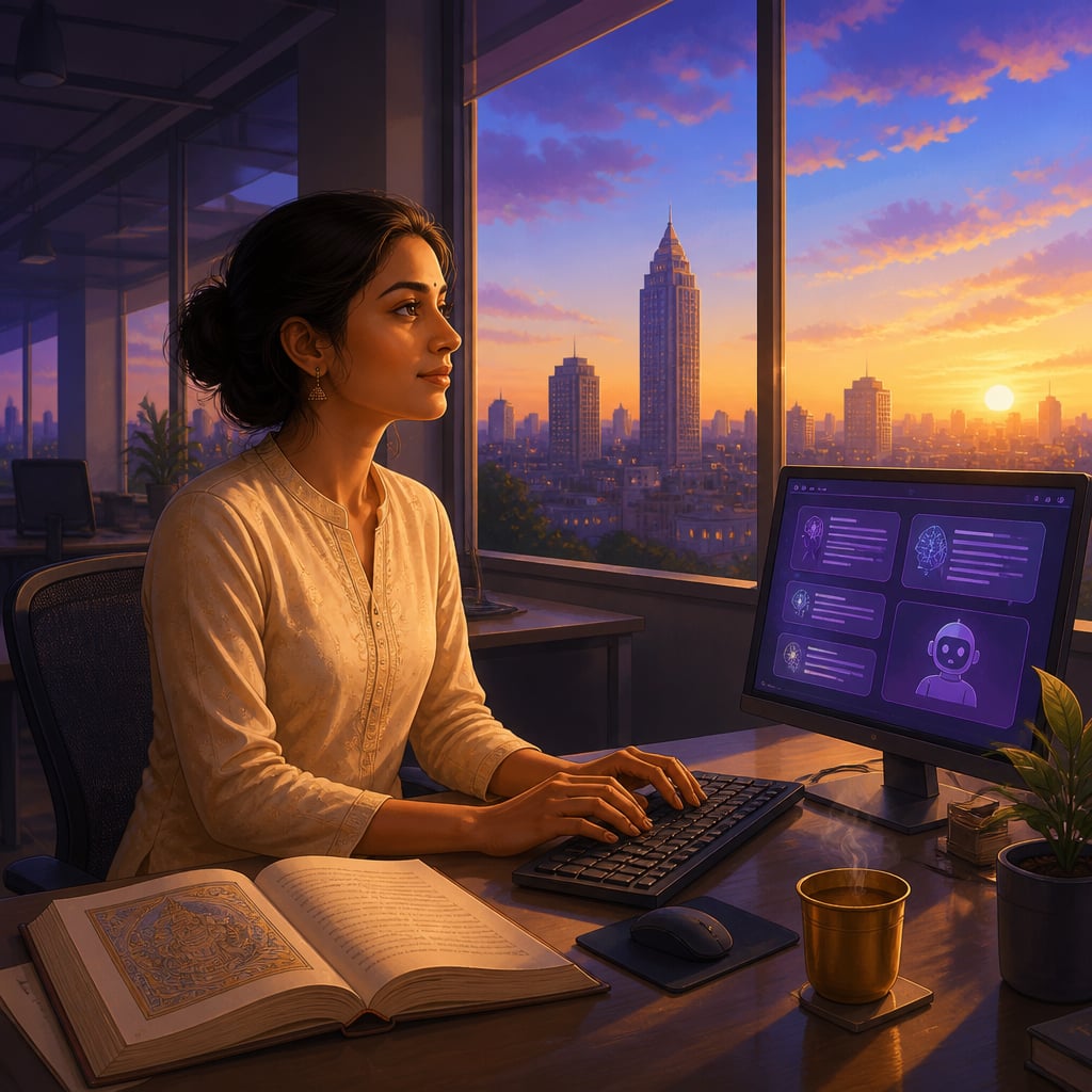 Young Bangalore engineer at her workstation at dawn with an open Rig Veda beside her