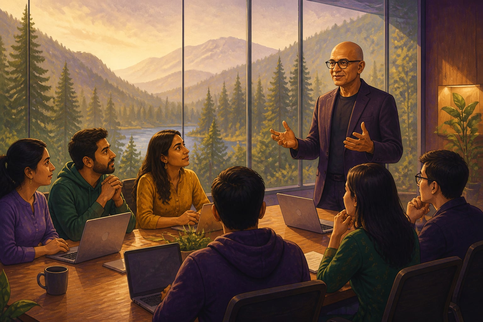 Satya Nadella addressing a Microsoft team in transformation