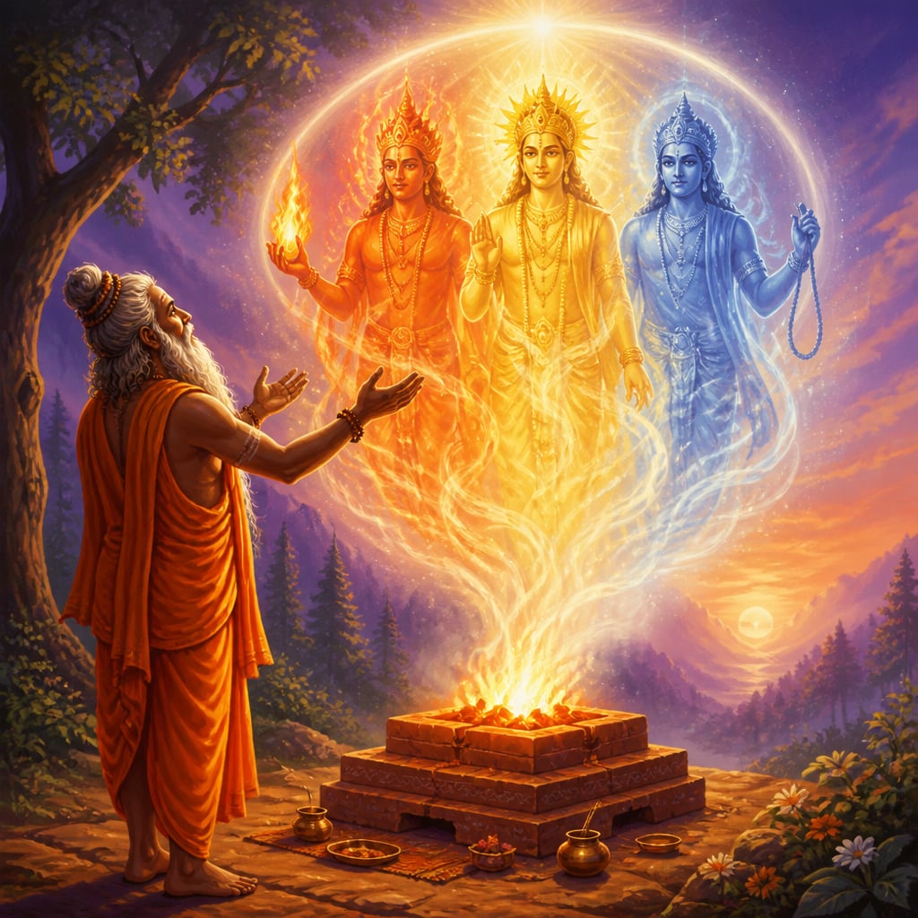 Rishi Dirghatamas before a brick fire-altar at dawn invokes Agni, Ushas, and Surya