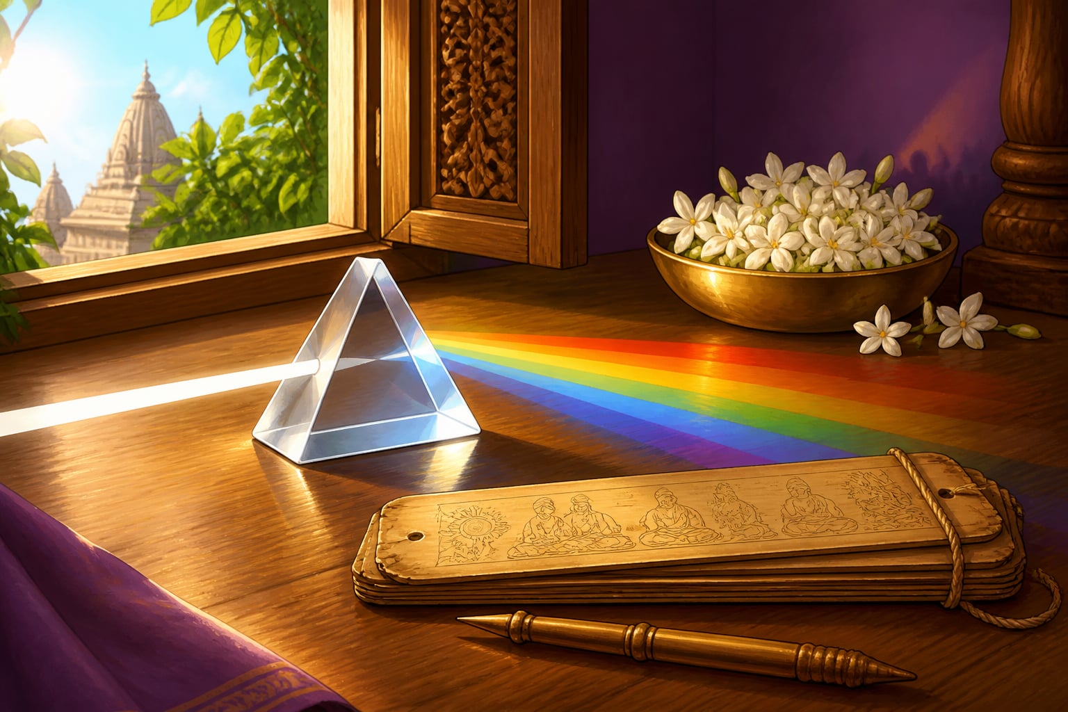 A glass prism breaking sunlight into rainbow colours