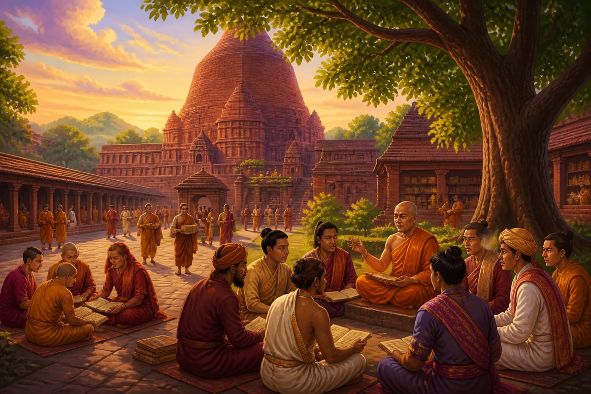 Seekers from many regions studying at Nalanda