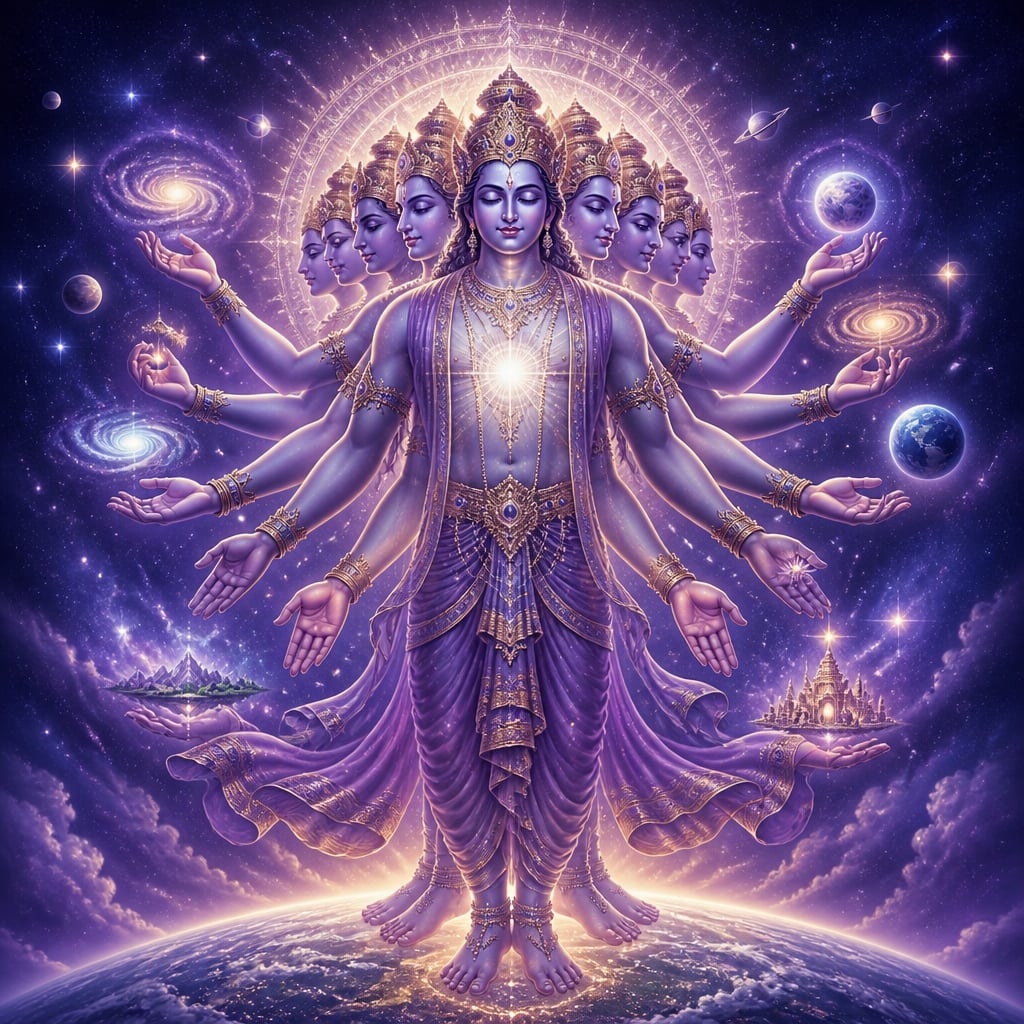 The cosmic Purusha with many radiant heads, arms, and feet against a starlit sky