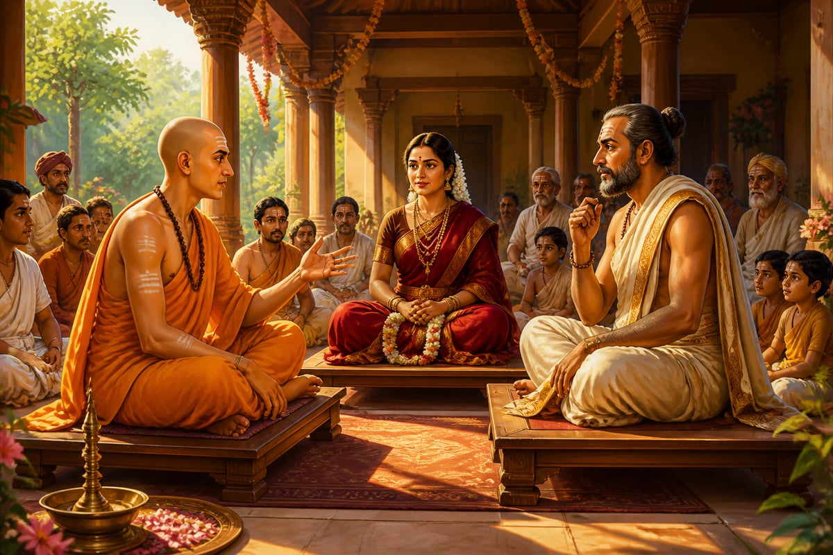 Adi Shankaracharya debating Mandana Mishra with Bharati as judge