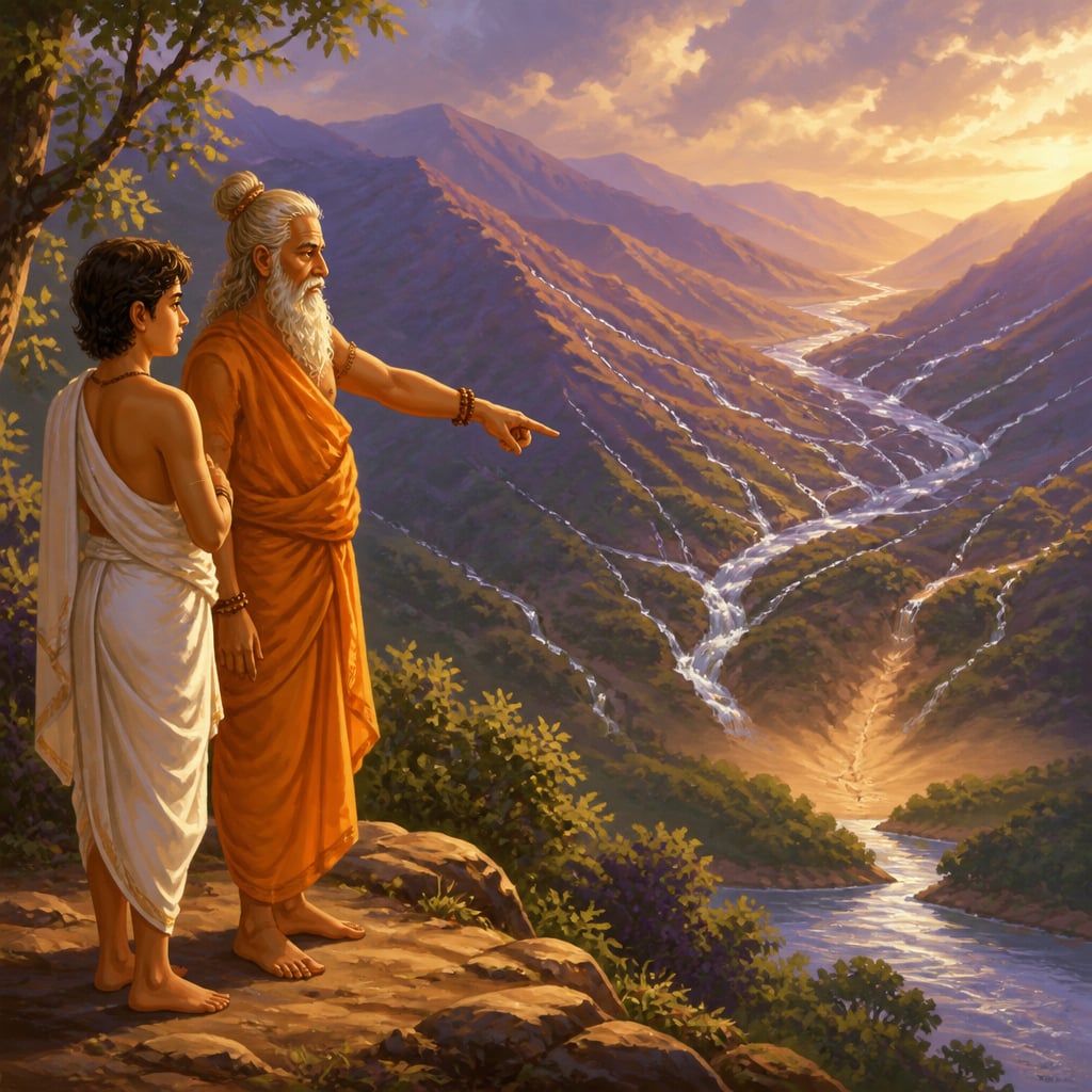 An elderly rishi and his young student watching many streams converge toward the Saraswati