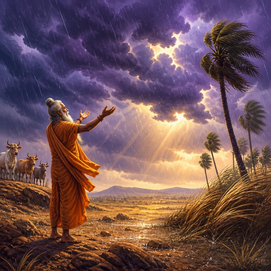 Monsoon clouds rolling in as wind, rain, and sun reach a parched Vedic plain