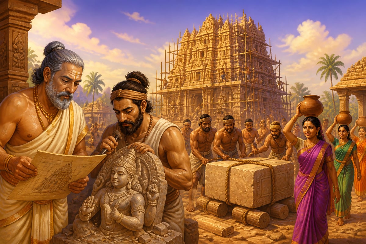 Sthapatis, shilpis, and masons building a temple together