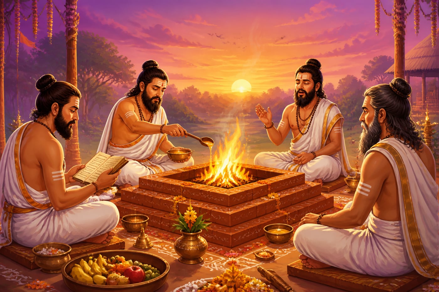Vedic priests cooperating in coordinated yajna roles