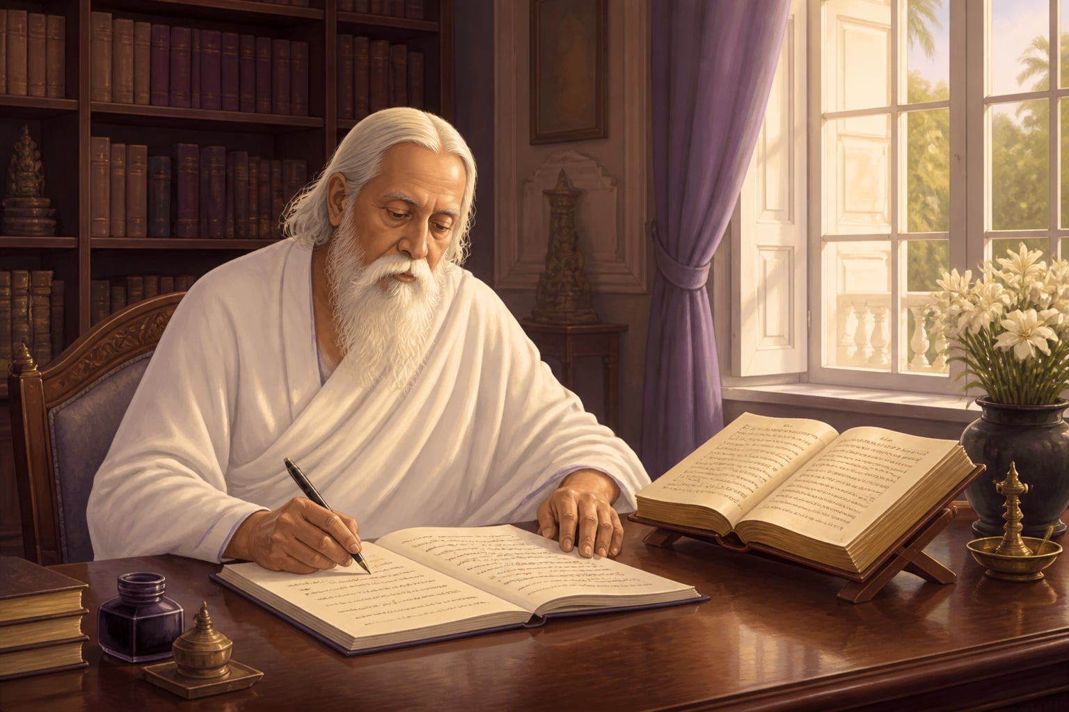 Sri Aurobindo writing the Secret of the Veda at Pondicherry