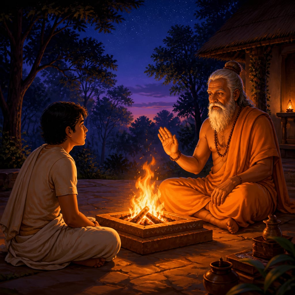 A young seeker and his elder teacher in dialogue across a small sacred fire at dusk