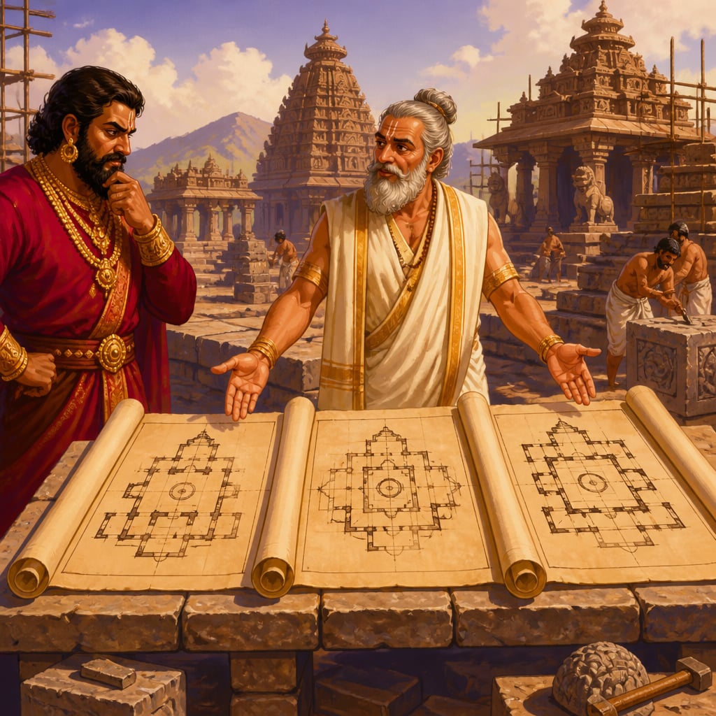 A master temple architect with three palm-leaf plans choosing one design at the construction yard