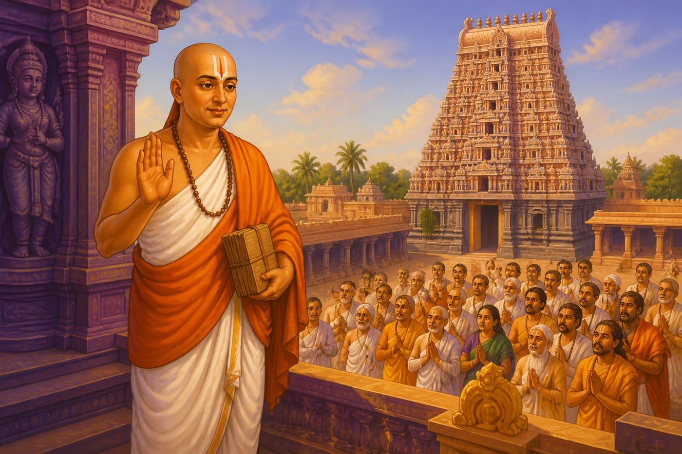 Ramanujacharya teaching from the Srirangam gopuram terrace