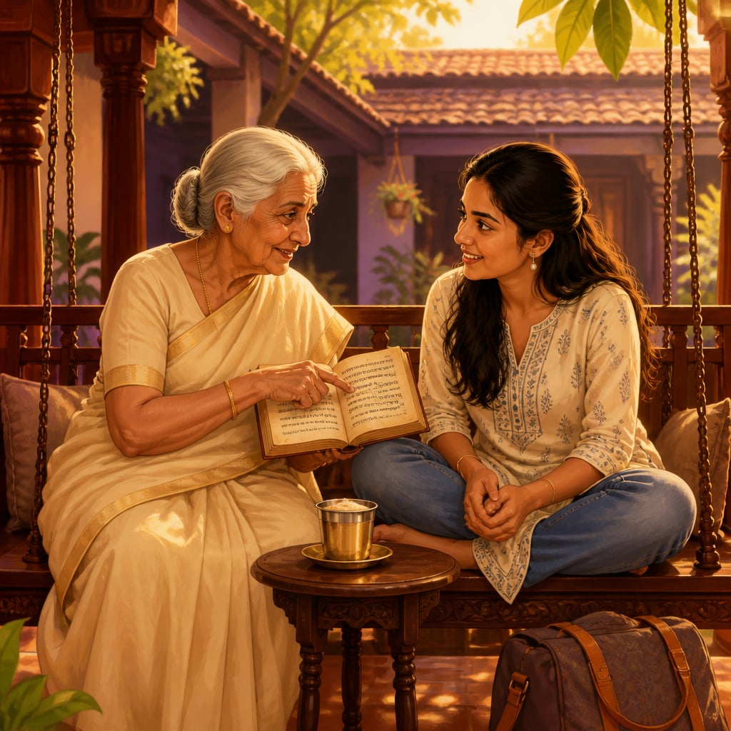 A grandmother and her grown granddaughter on a sunlit verandah swing in conversation