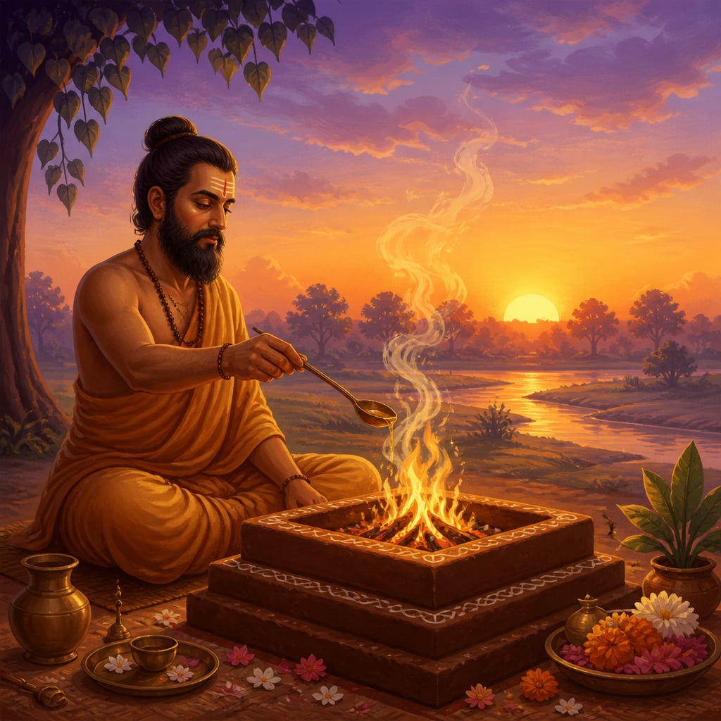 Priest offering at dawn fire by Saraswati river