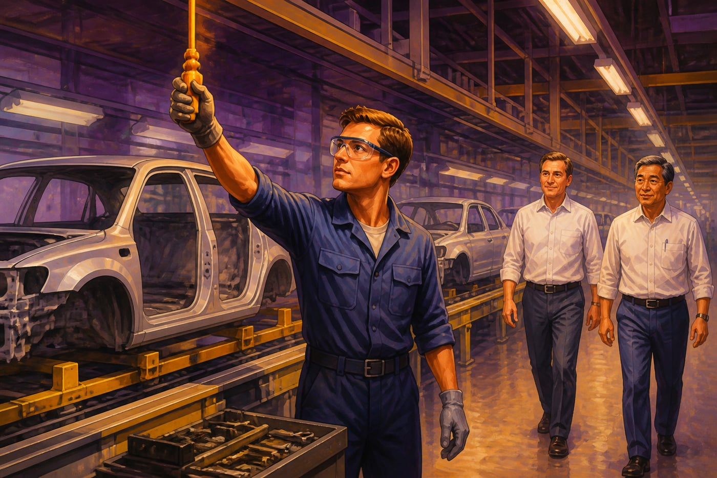 Toyota worker pulling Andon cord 1984