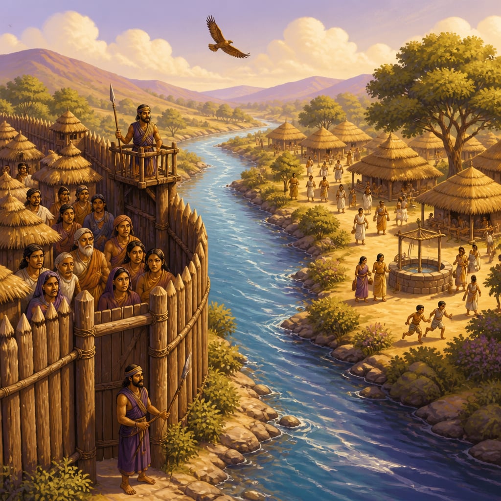 Two villages across a river, one guarded one open