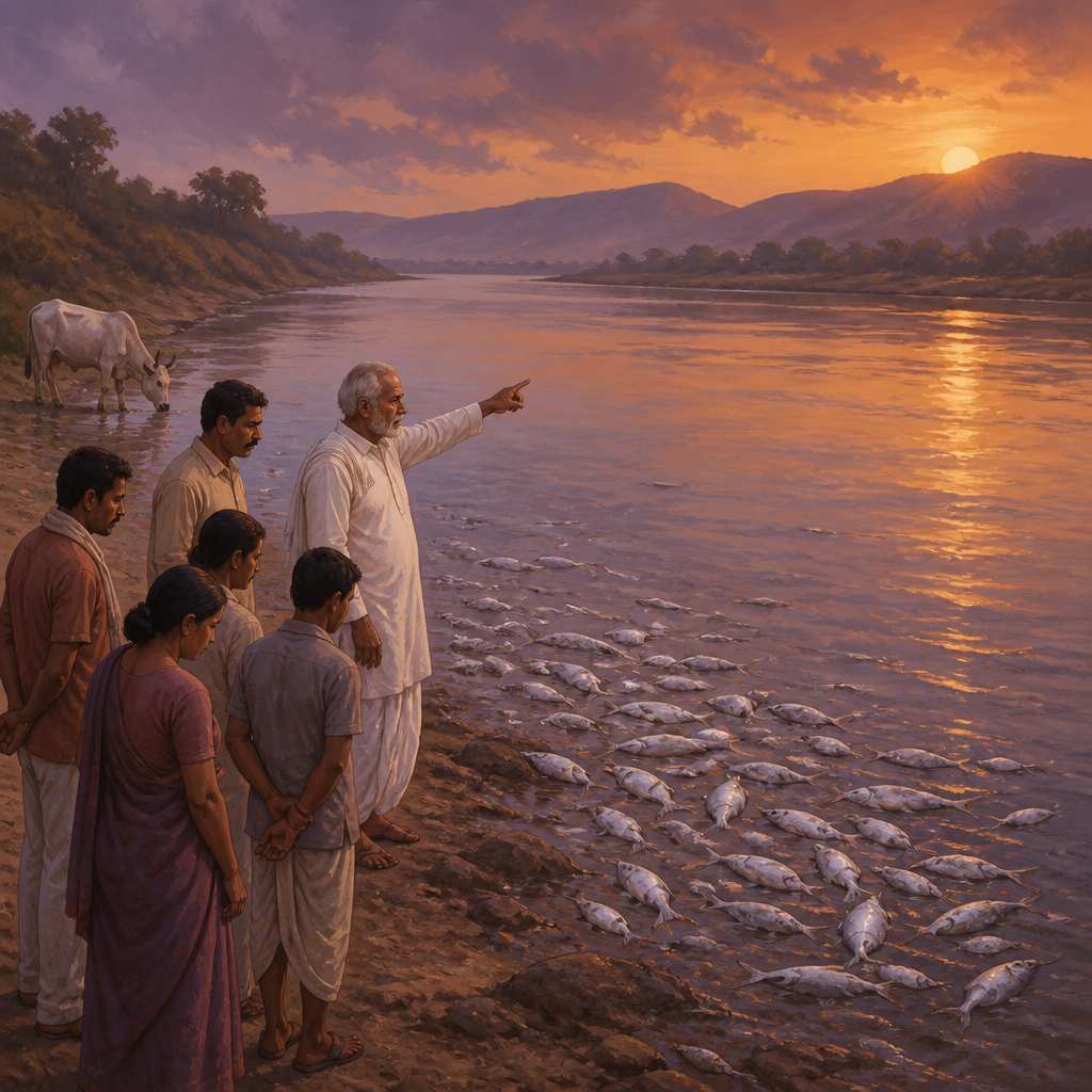 Villagers gathered at riverbank with dead fish floating