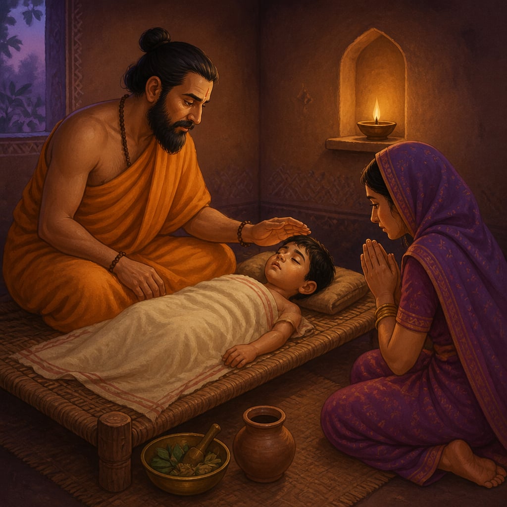 Vaidya healer beside a feverish child and his mother