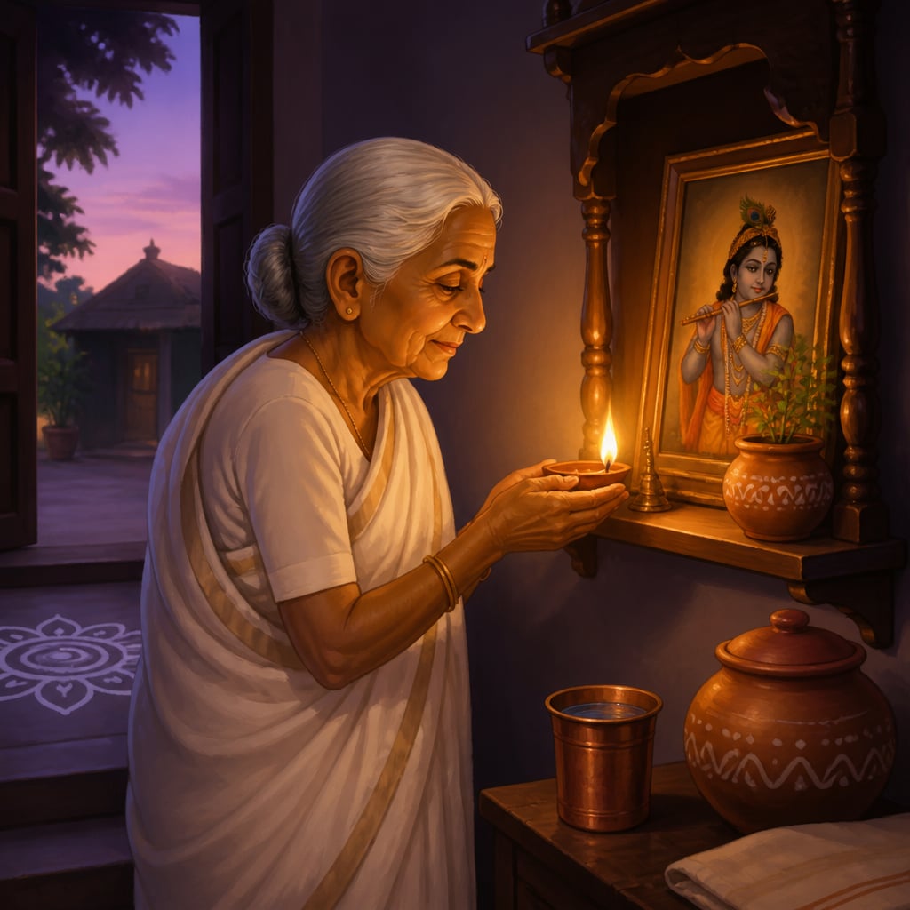 Grandmother lighting the morning diya at the threshold