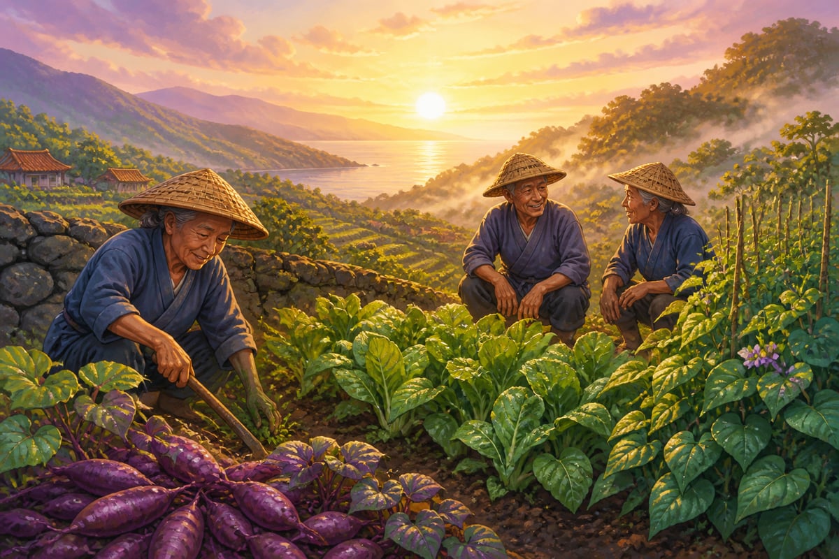 Okinawan elders tending mountain vegetable plot