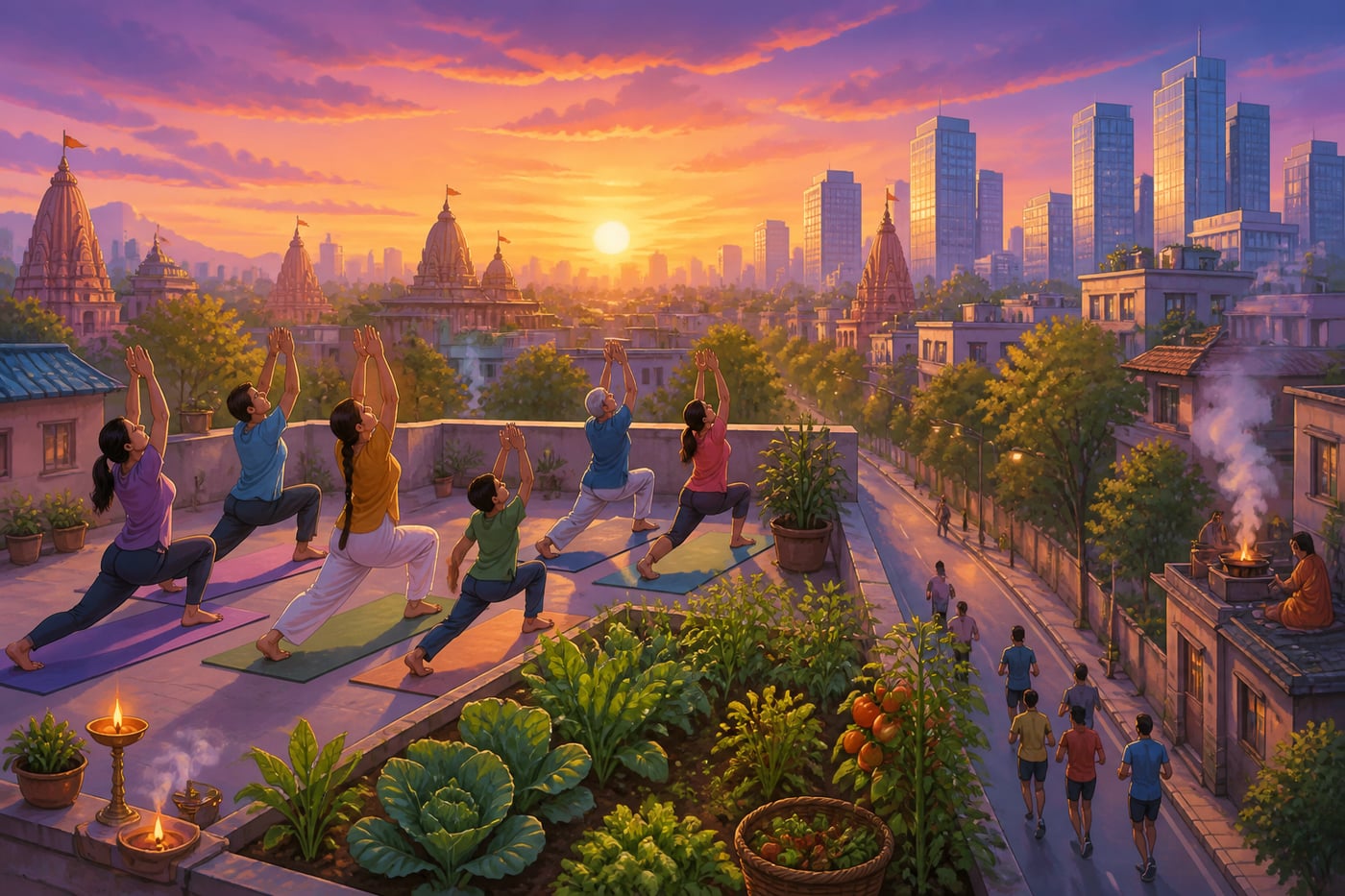 Aligned city at sunrise