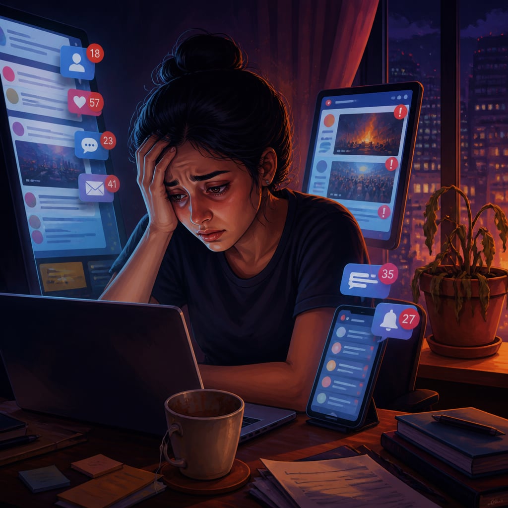 Modern young person anxious amid glowing phone screens