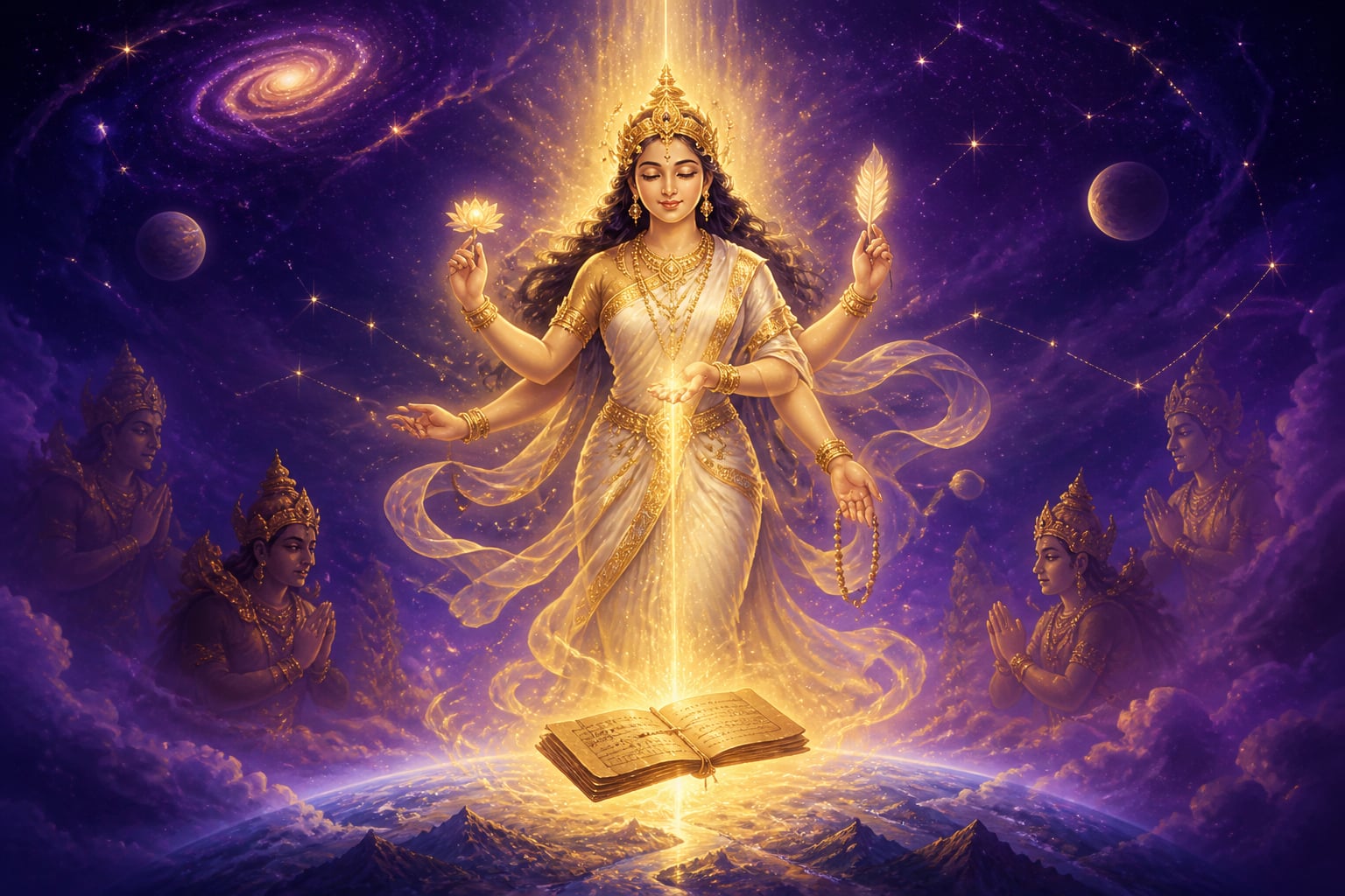 Vāc personified as a luminous cosmic goddess speaking the universe