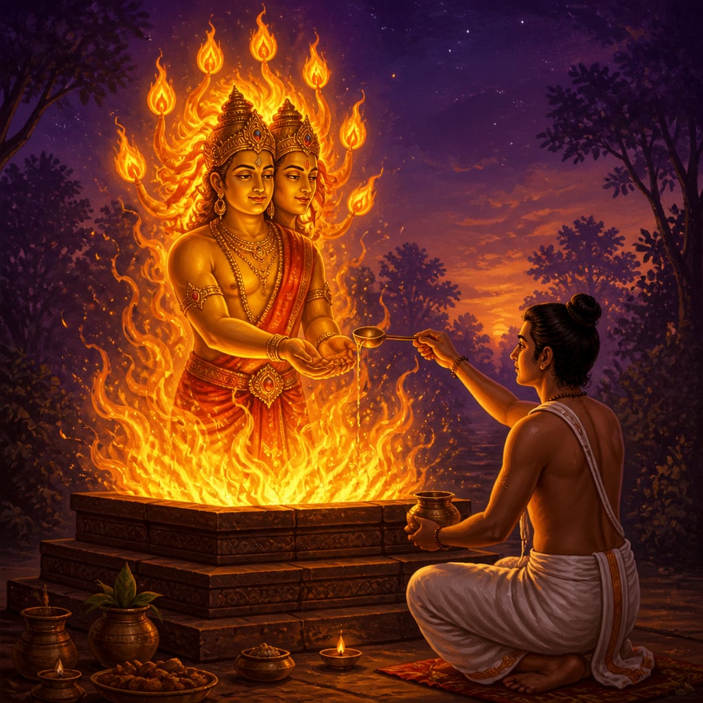 A young Vedic priest pouring ghee into the dawn fire