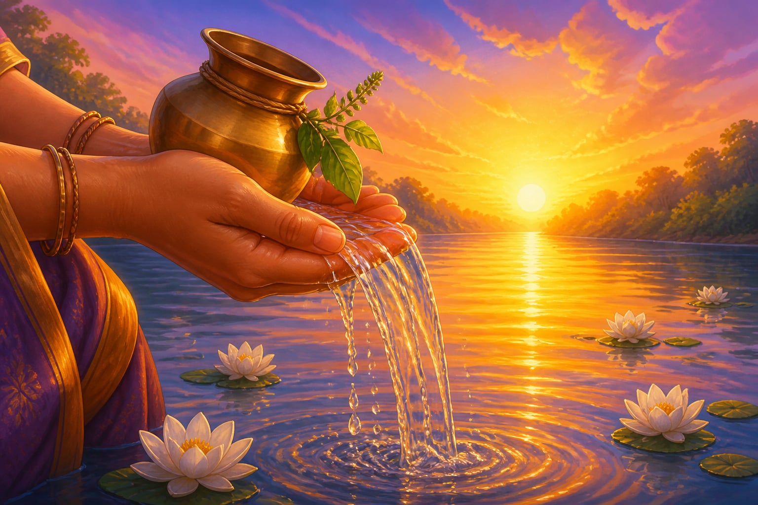 Cupped hands offering water to the rising sun at a sacred river