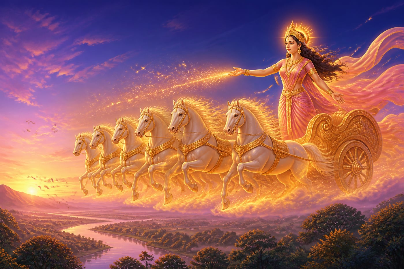 Ushas the dawn goddess driving her chariot of seven horses across the sky