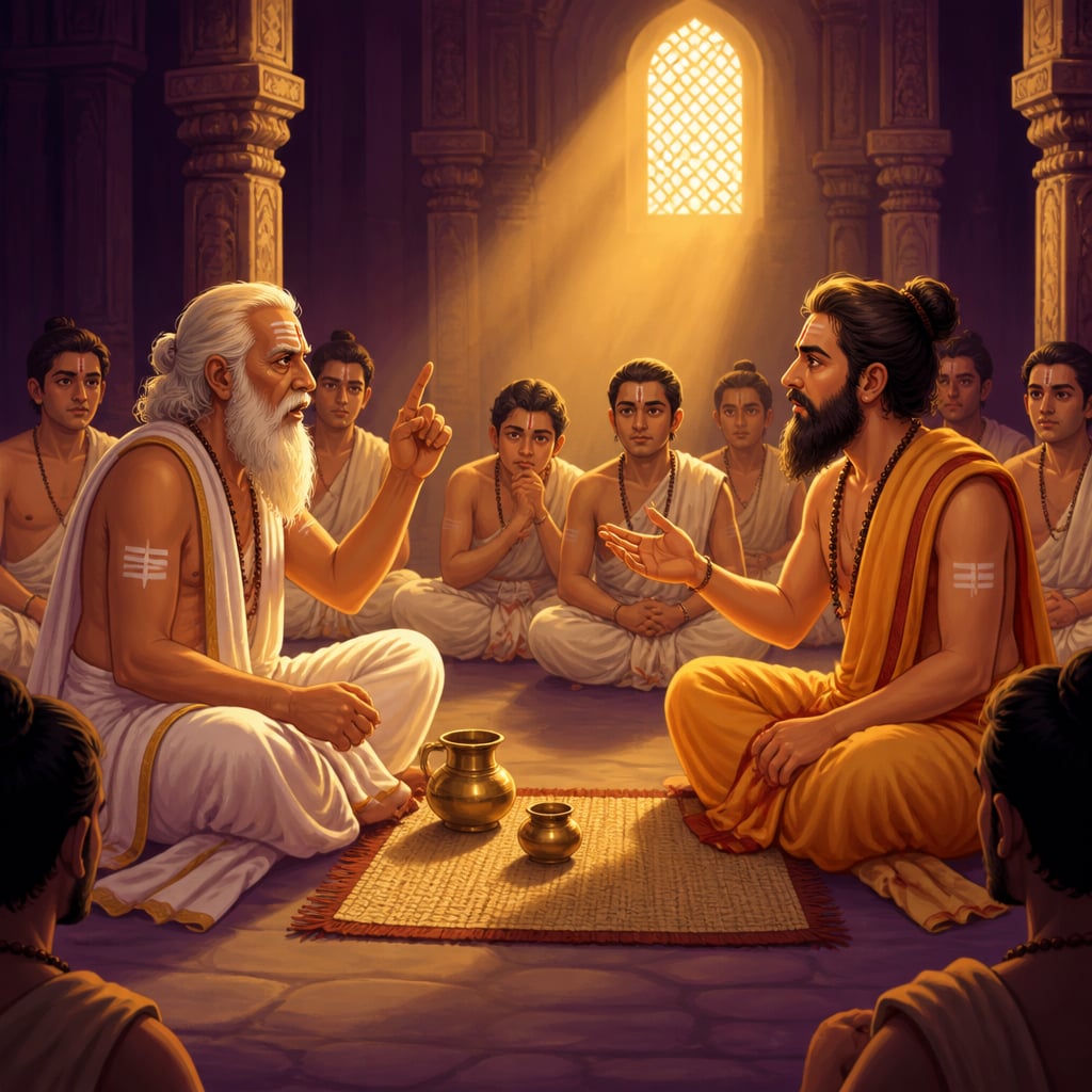 Two scholars debating in an ancient Vedic assembly hall
