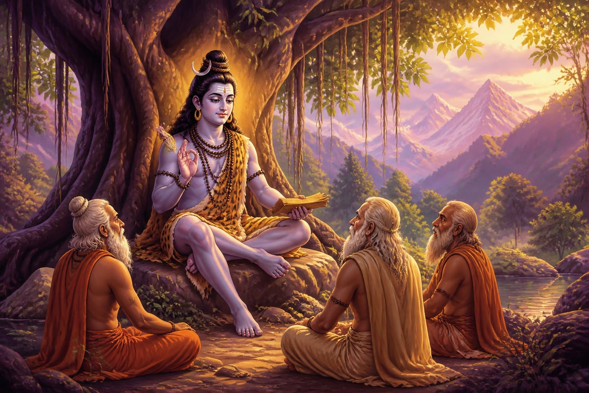 Shiva as Dakshinamurti teaching four sages in silence beneath a banyan tree