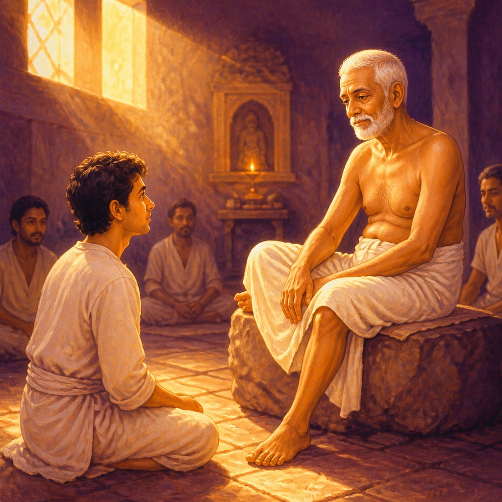 Ramana Maharshi sitting in silent gaze with a young seeker